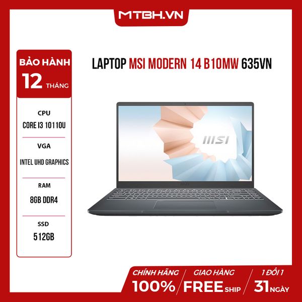 LAPTOP MSI MODERN 14 B10MW 635VN CORE I3 10110U | 8GB RAM | 256GB SSD | 14″ IPS BACKLIGHT KEYBOARD WIN 10 CARBON GRAY