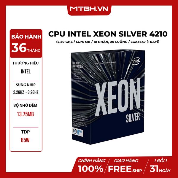 CPU Intel Xeon Silver 4210 2.20 GHz / 13.75 MB / 10 Cores, 20 Threads / LGA3647 (TRAY)