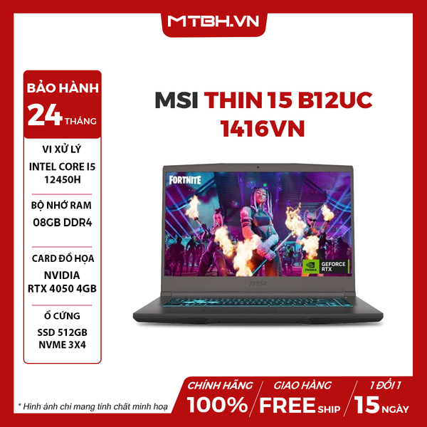 LAPTOP MSI THIN 15 B12UC-1416VN CORE i5-12450H | VGA RTX 3050 4GB | 8GB RAM | 512GB SSD | 15.6 FHD IPS 144Hz | Win11