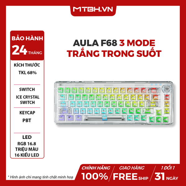 BÀN PHÍM CƠ AULA F68 3 MODE TRẮNG TRONG SUỐT (TYPEC + 2.4G + BLUETOOTH, ICE CRYSTAL SWITCH, LED RGB)