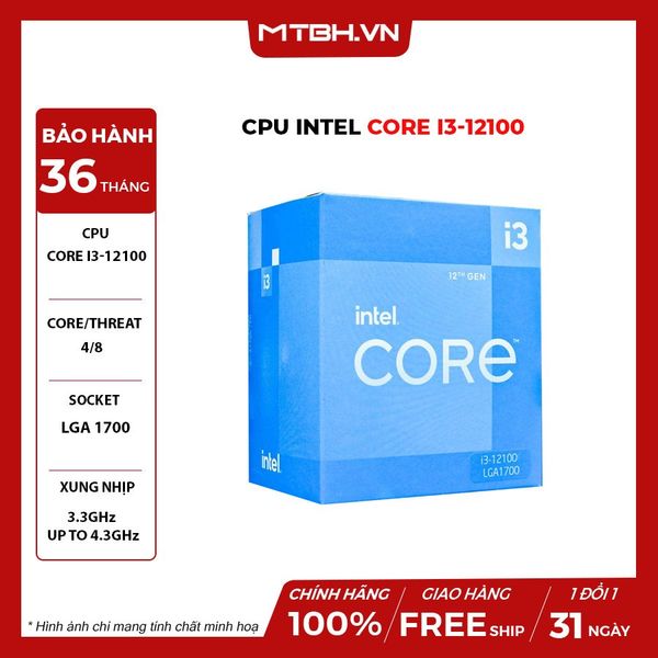 CPU Intel Core i3-12100 (3.3GHz turbo up to 4.3GHz, 4 nhân 8 luồng, 12MB Cache, 58W) 12TH CHÍNH HÃNG