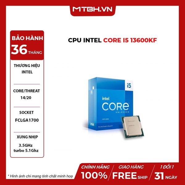 CPU Intel Core i5 13600KF (3.5GHz turbo up to 5.1Ghz, 14 nhân 20 luồng, 20MB Cache, 125W) 13TH BOX CHÍNH HÃNG