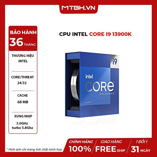 CPU Intel Core i9 13900K (3.0GHz turbo up to 5.8Ghz, 24 nhân 32 luồng, 32MB Cache, 125W) - Socket Intel LGA 1700/Alder Lake) 13TH BOX CHÍNH HÃNG