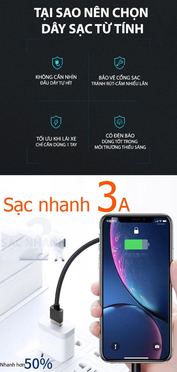 Cáp sạc từ nam châm chép dữ liệu và hỗ trợ sạc nhanh 3A