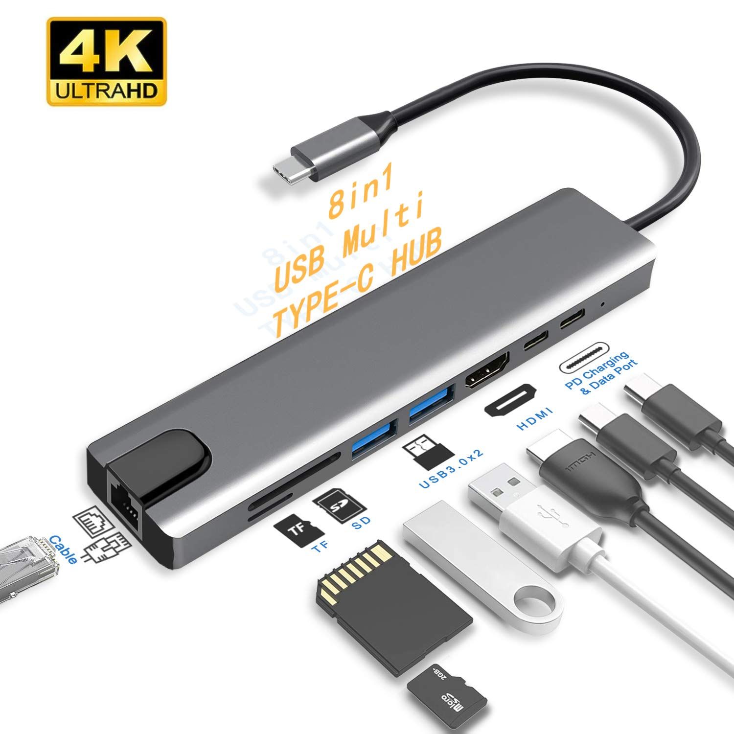 Hub usb type c 8in1-1 Hdmi, Lan 1000Mbps, pd, sd, tf