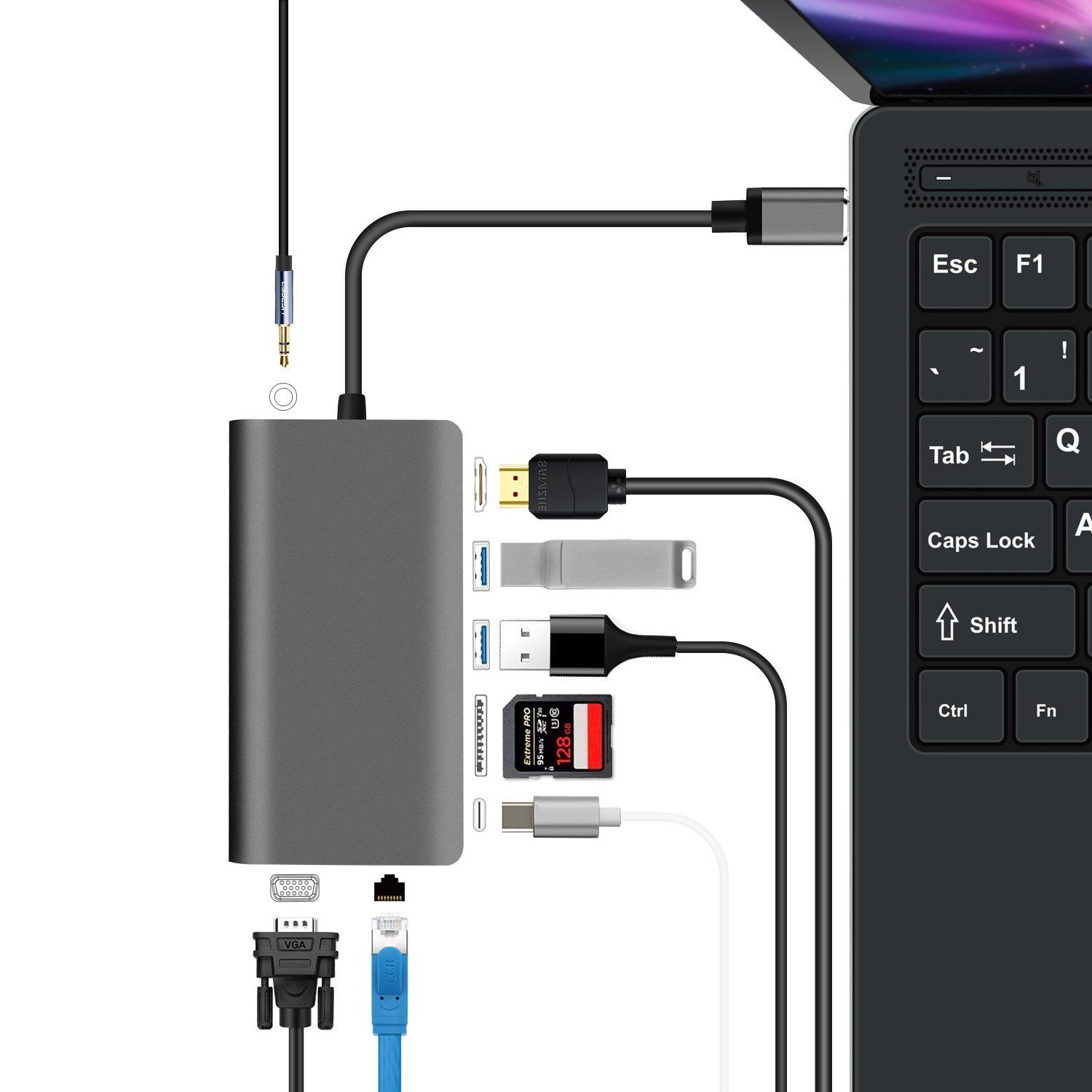 Cáp chuyển tín hiệu Usb Type-c (Thunderbolt 3) ra 8 cổng HDMI/ VGA/ Ethernet/ 3.5mm/ PD/ USB 3.0/ SD