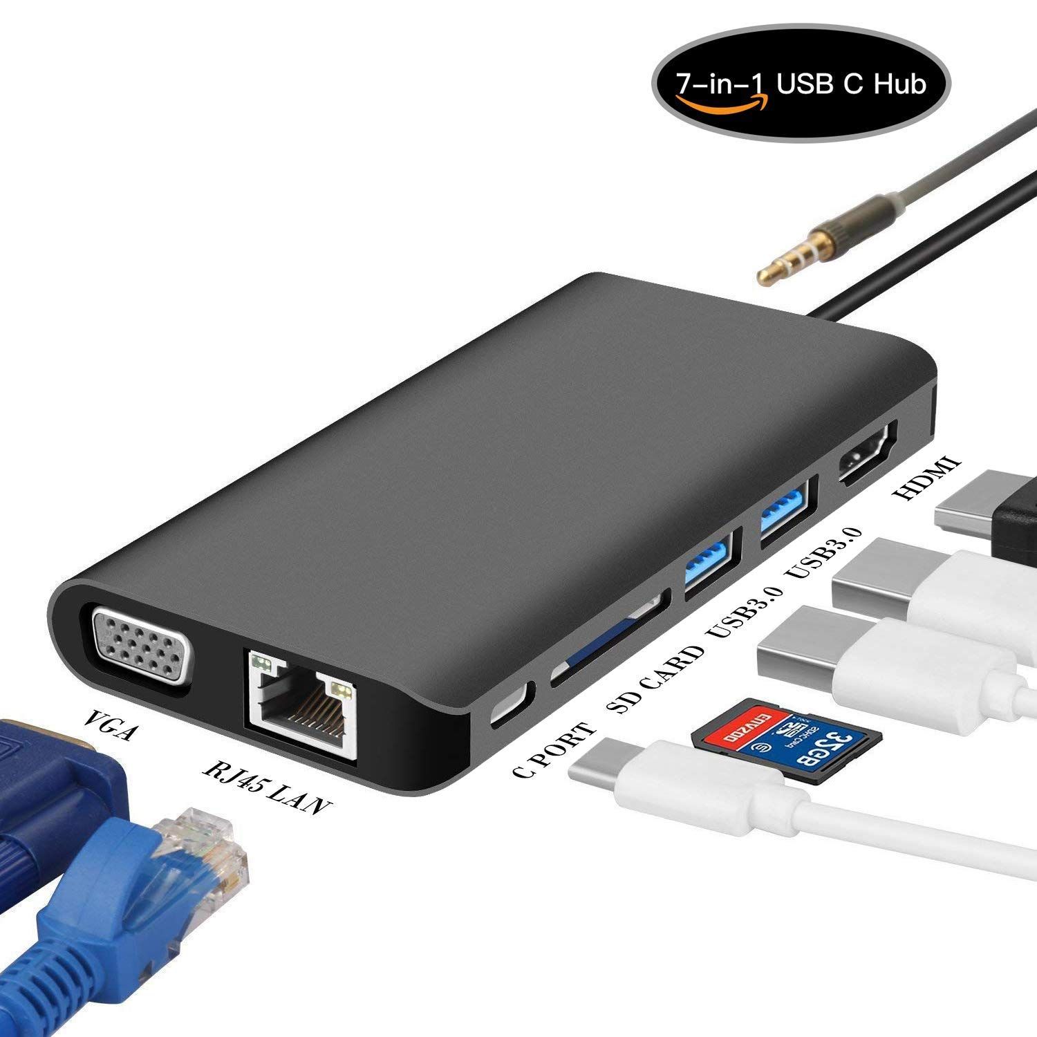 Cáp chuyển tín hiệu Usb Type-c (Thunderbolt 3) ra 8 cổng HDMI/ VGA/ Ethernet/ 3.5mm/ PD/ USB 3.0/ SD