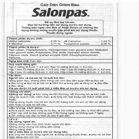  Cao dán Salonpas giảm đau, kháng viêm (gói x 10 miếng) 