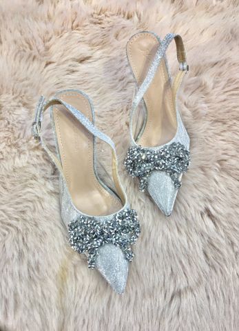  Giày Cao Gót Bạc Bling Đính Nơ Đá 9CM 