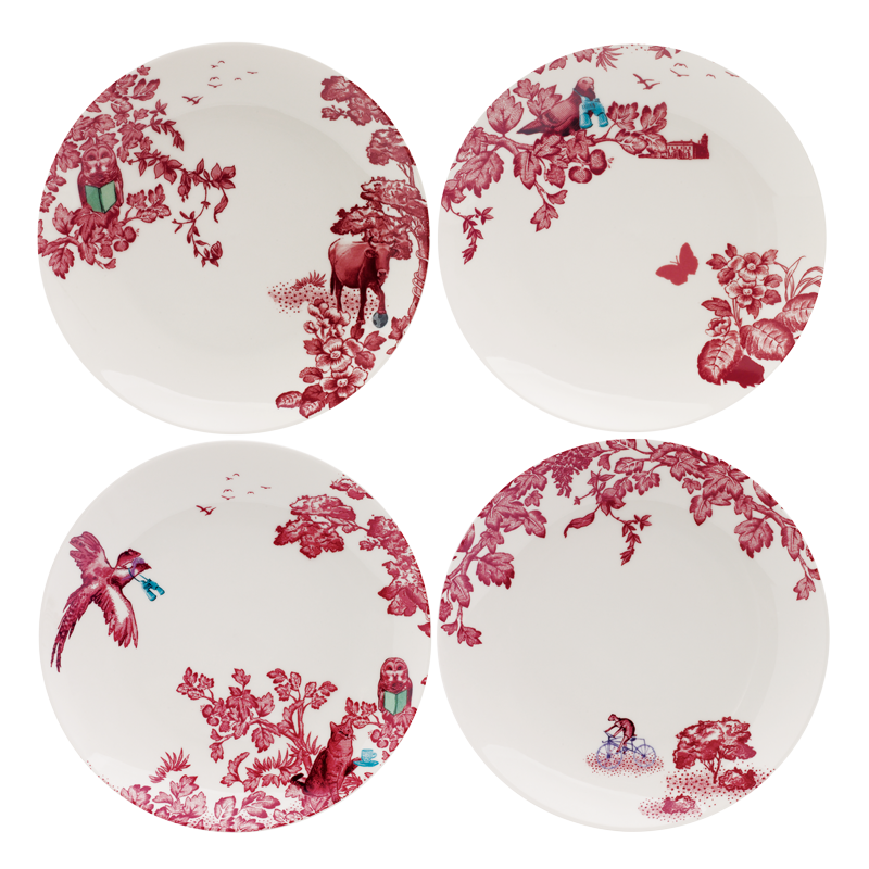 A CURIOUS TOILE - SET OF 4 X 21CM ASSORTED SALAD PLATE (RED)
