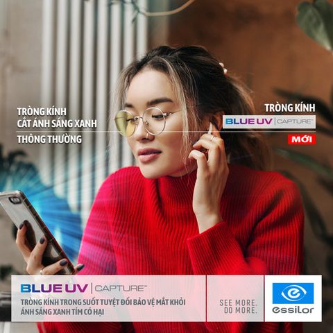  Đa Tròng Đánh Chống Ánh Sáng Xanh Thông Minh Pháp Essilor Essentials Active Blue UV Capture MaxAz Chính Hãng 