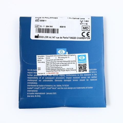  Tròng Kính Tròng Suốt Chống Ánh Sáng Xanh Pháp Essilor Crizal Rock Blue UV Capture Chính Hãng 