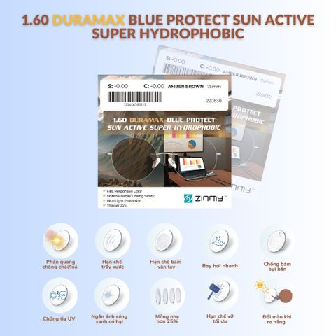  Tròng Kính Mỏng Đổi Màu + Lọc Ánh Sáng Xanh Zinmy Duramax Blue Sun 1.60 