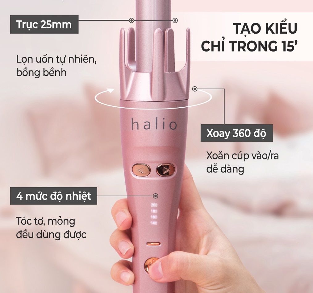  Máy uốn tóc tự xoay Ion âm Halio Auto Rotating Hair Curler không gây khô xơ tóc 