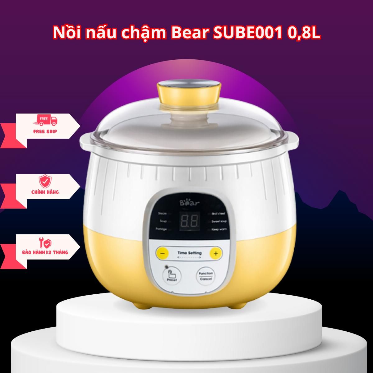  Nồi nấu chậm Bear SUBE001 0,8L kèm xửng hấp + nồi sứ 