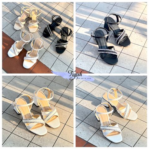  Sandal 5p gót vuông mũi vuông 2 quai chéo dúm viền đá - MS: S5-23045 