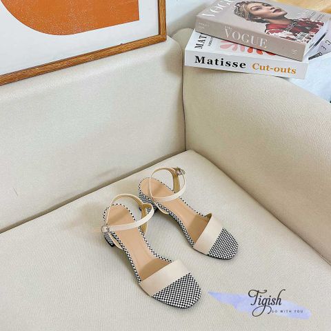  Sandal 5p gót vuông mũi vuông quai ngang phối caro - MS: S5-23044 