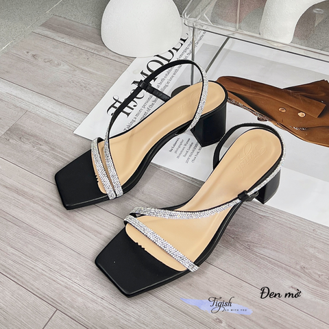  Sandal 5p gót trụ mũi vuông quai ngang chéo đính đá - MS: S5-23043 