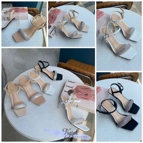  Sandal 8p gót mika mũi vuông quai ngang đính đá - MS: S8-23015 