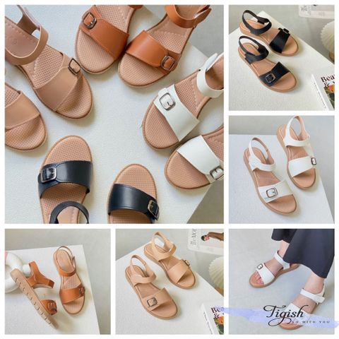  Sandal 2p mũi tròn bảng ngang lệch phối khóa cài hậu xé dán - S2-58007 