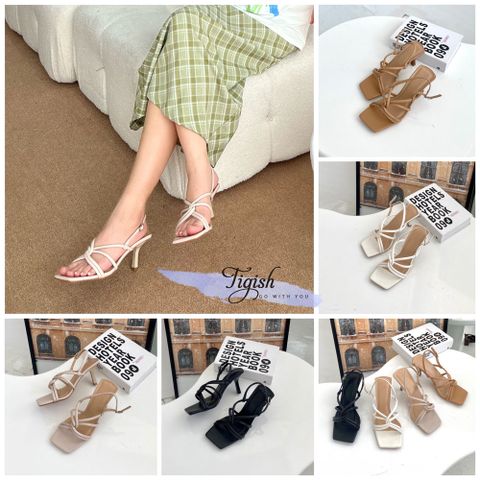  Sandal 7p gót vuông nhỏ mũi vuông 2 quai xoắn lồng nhau - MS: S7-26027 