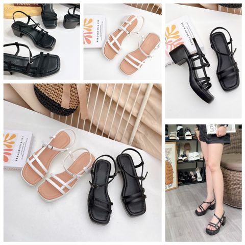  Sandal 5p gót trụ mũi vuông 2 quai mảnh nối eo - MS: S5-58003 