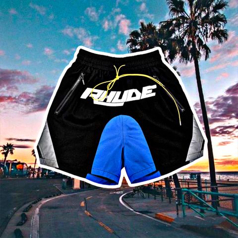  Rhude Black & Blue Logo Colorblock Shorts 