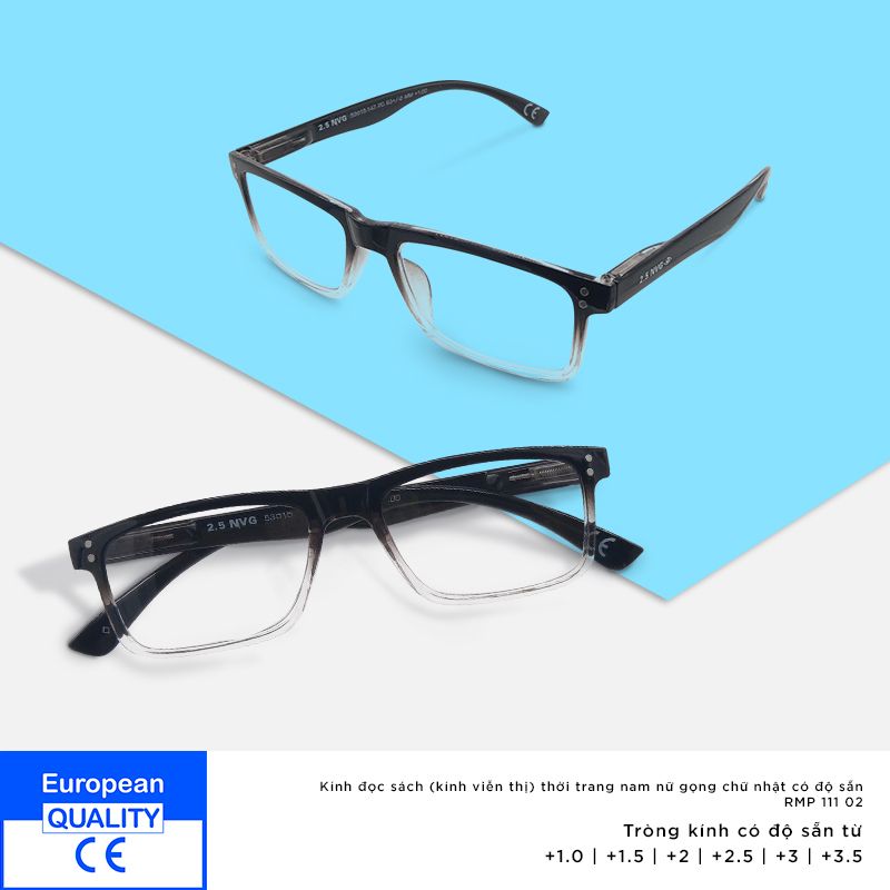 Kính đọc sách (kính viễn thị) thời trang nam nữ gọng chữ nhật có độ sẵn 2.5 NVG RMP 111 02
