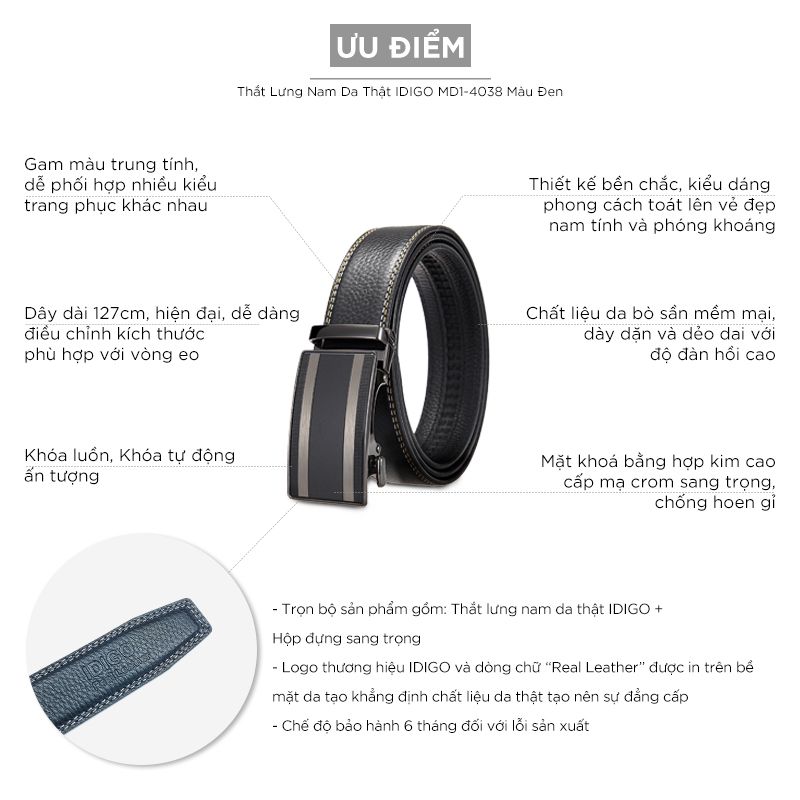 Thắt Lưng Nam Da Thật IDIGO MD1 - 4038 Màu Đen