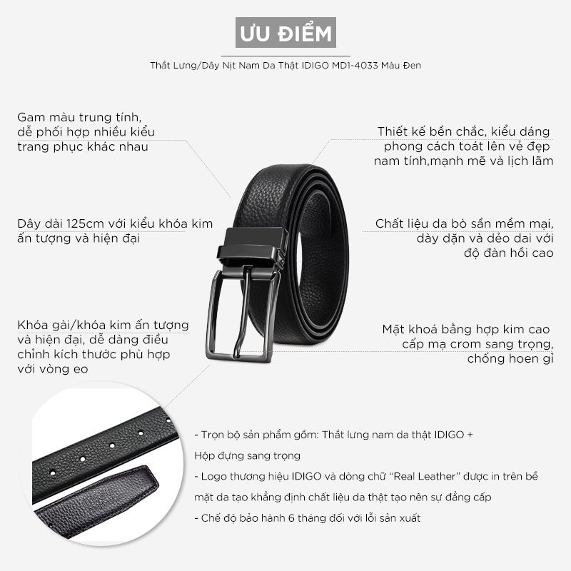 Thắt Lưng Nam Da Thật IDIGO MD1 - 4033 Màu Đen Mặt Đen