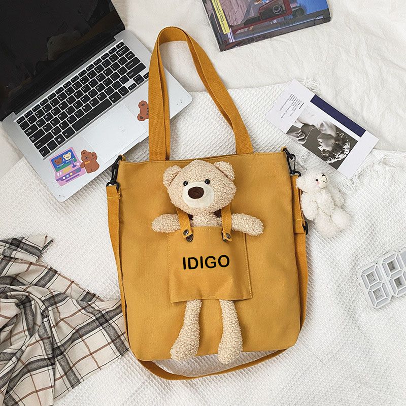 Túi đeo vai đi học canvas, túi đeo chéo công sở trang trí gấu bông IDIGO FF6 - 2014