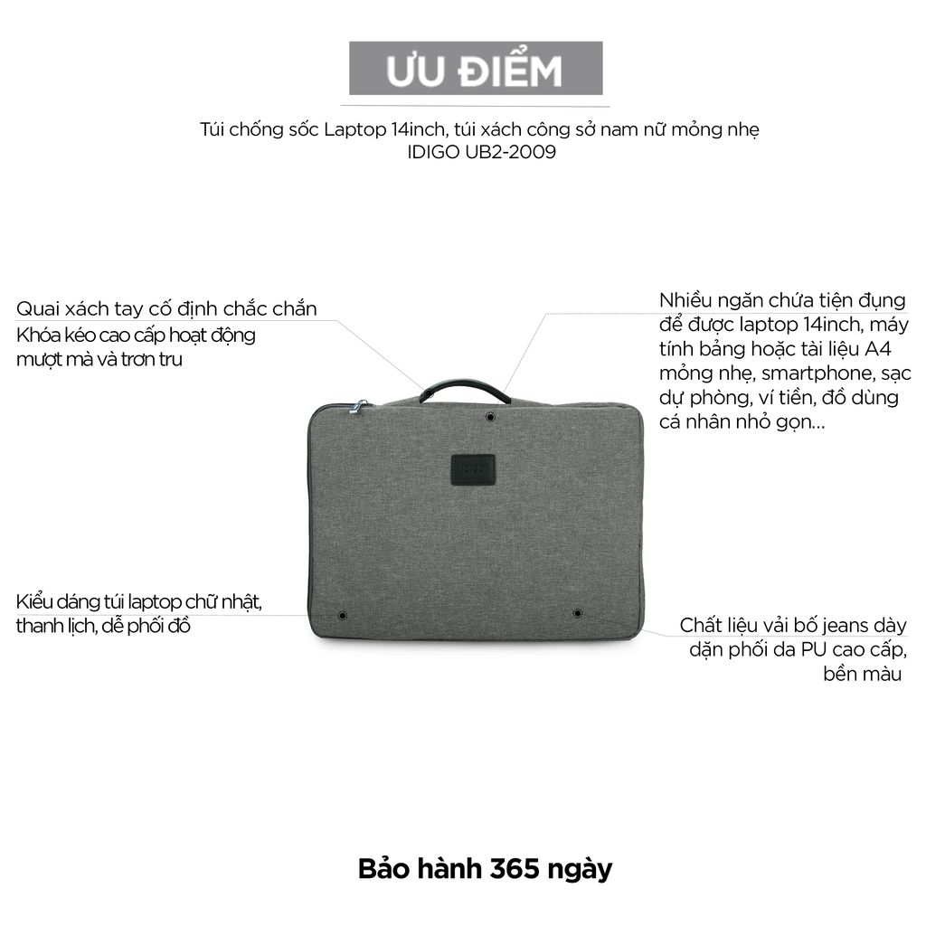 Túi chống sốc Laptop 14inch, túi xách công sở đựng máy tính nam nữ mỏng nhẹ vải bố jeans IDIGO UB2 - 2009