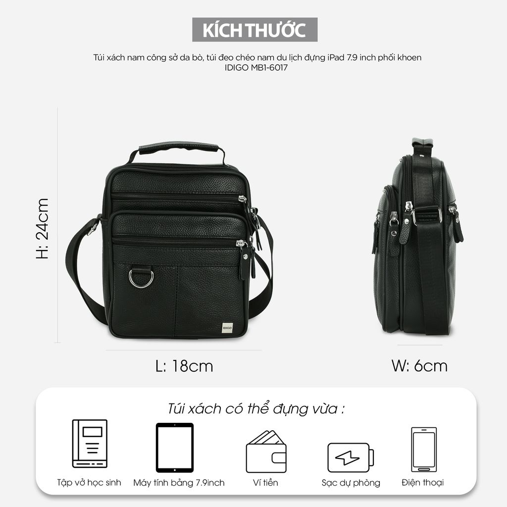 Túi xách nam công sở da bò, túi đeo chéo nam du lịch đựng iPad 7.9 inch phối khoen IDIGO MB1 - 6017