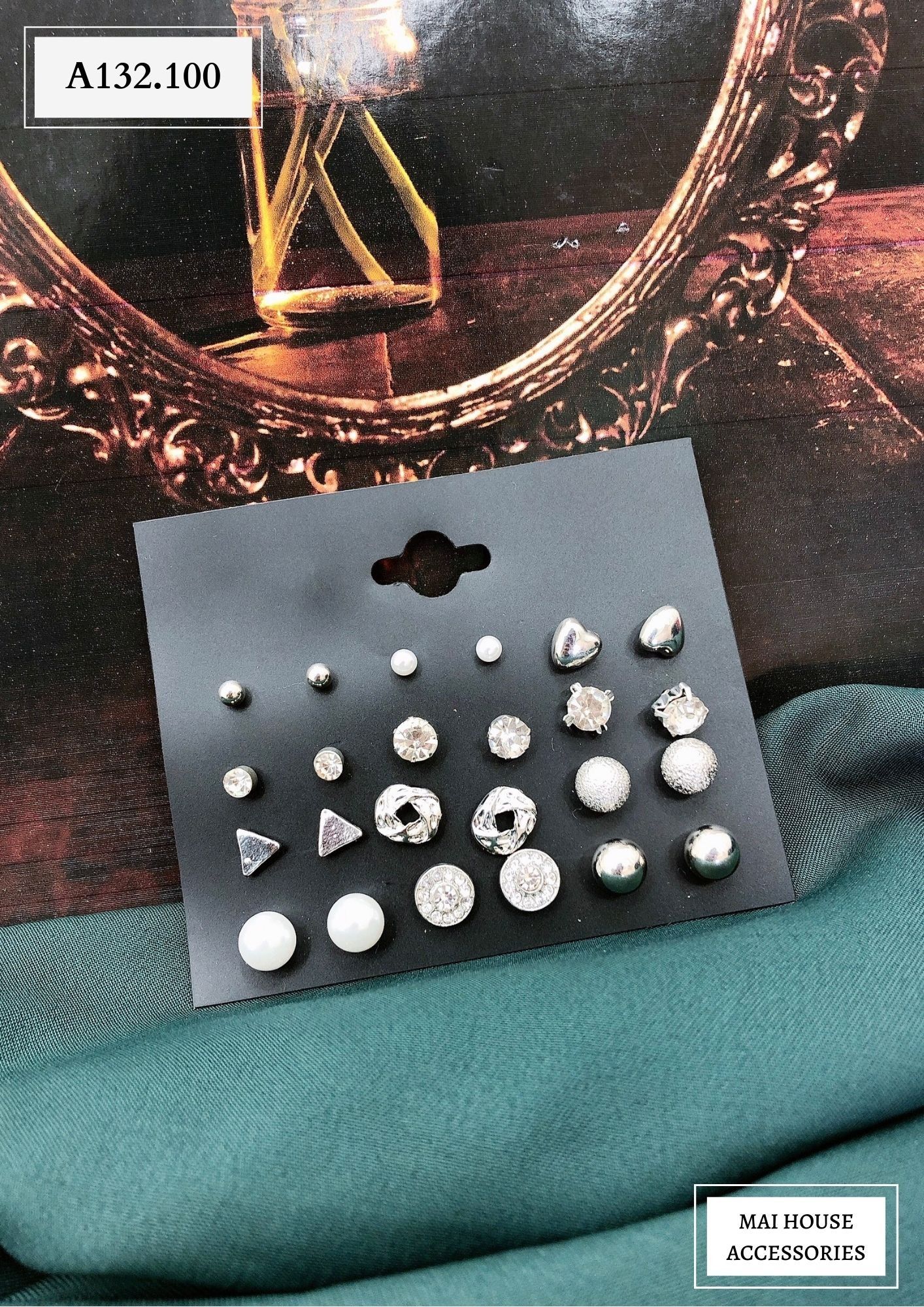 SET BÔNG TAI 12 ĐÔI BẠC A132