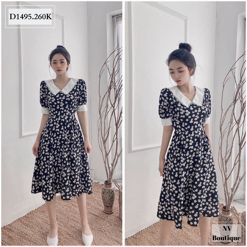 ĐẦM HOA CÚC ĐEN DÂY EO TAY CÀI NÚT - D1495