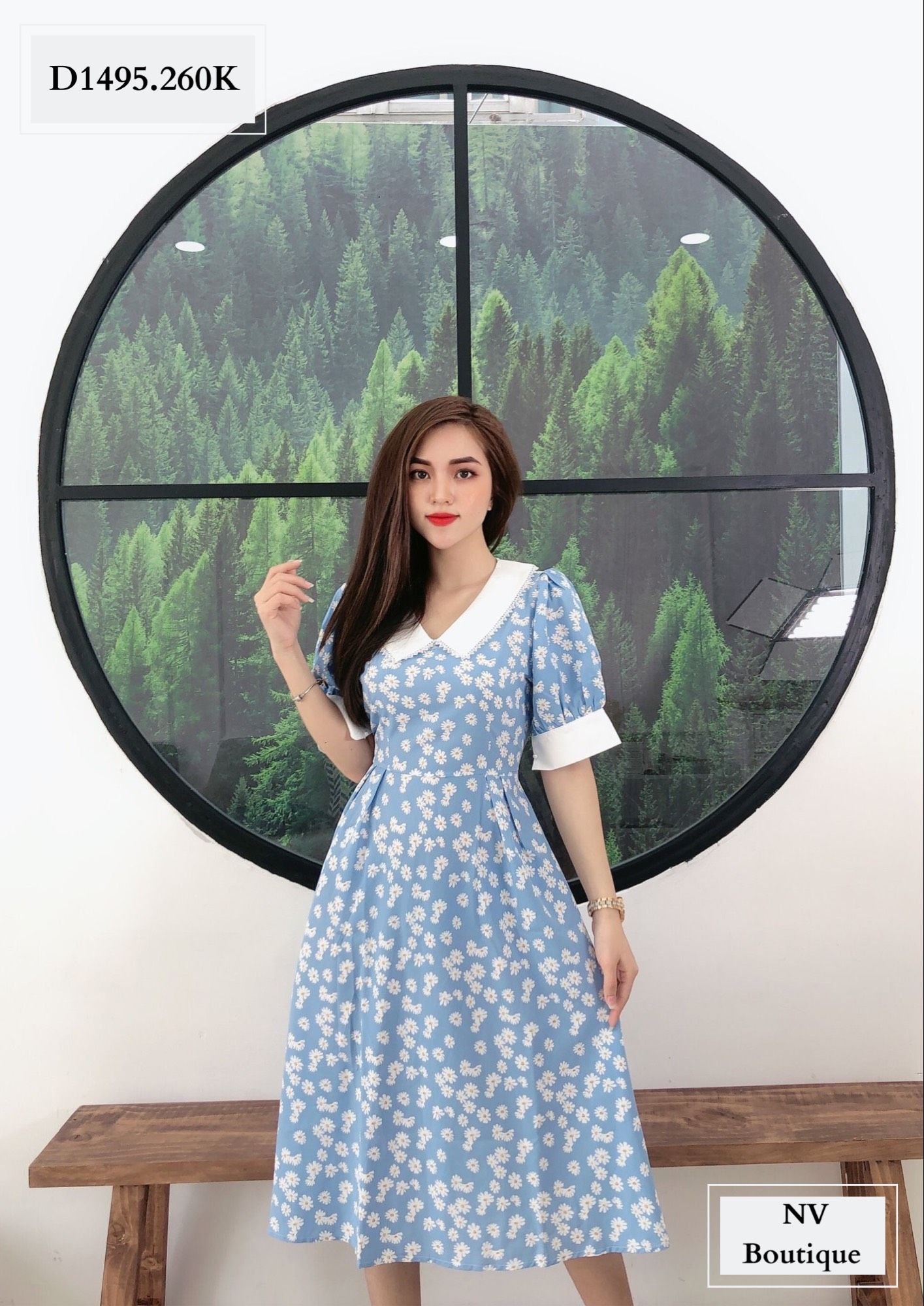 ĐẦM HOA CÚC ĐEN DÂY EO TAY CÀI NÚT - D1495