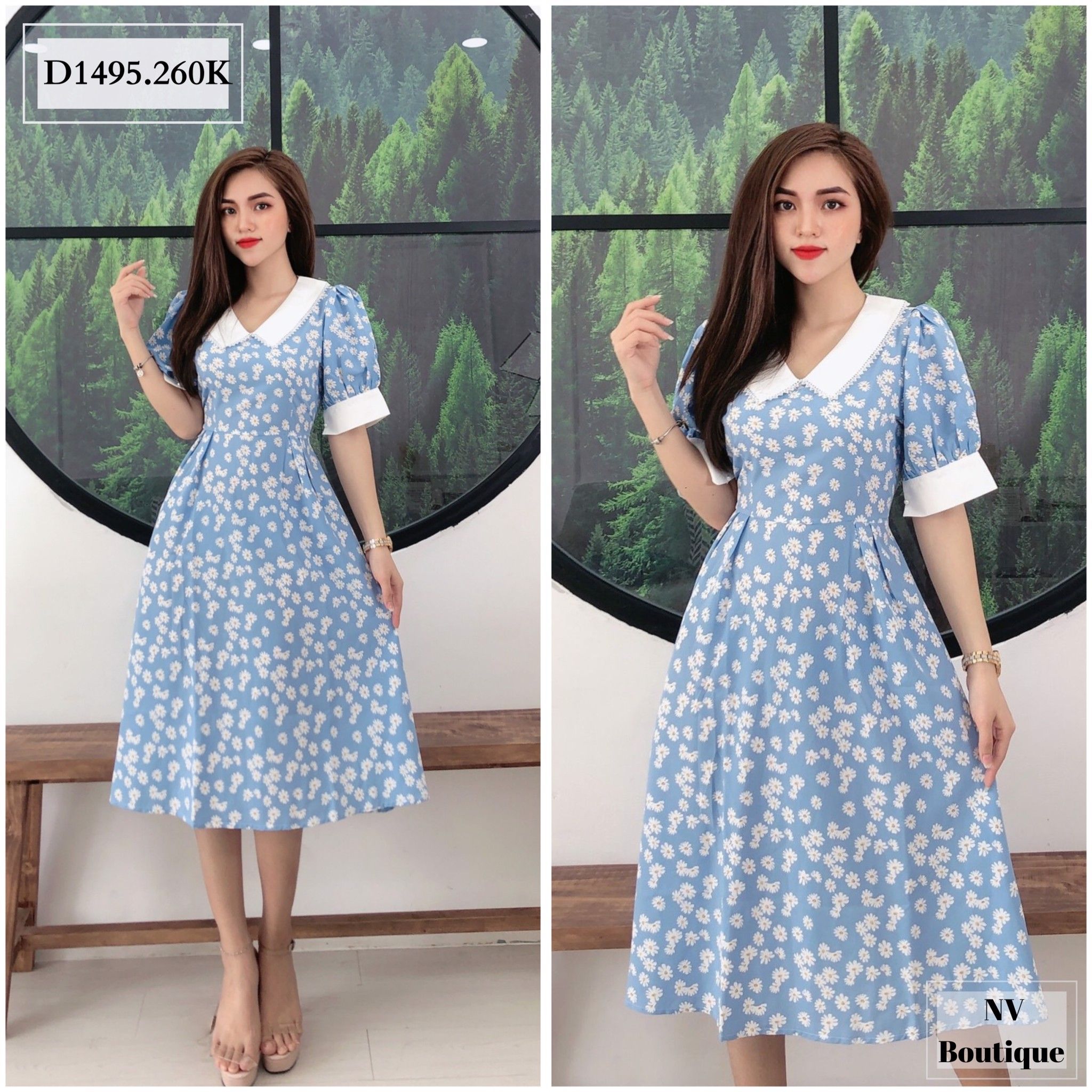 ĐẦM HOA CÚC ĐEN DÂY EO TAY CÀI NÚT - D1495