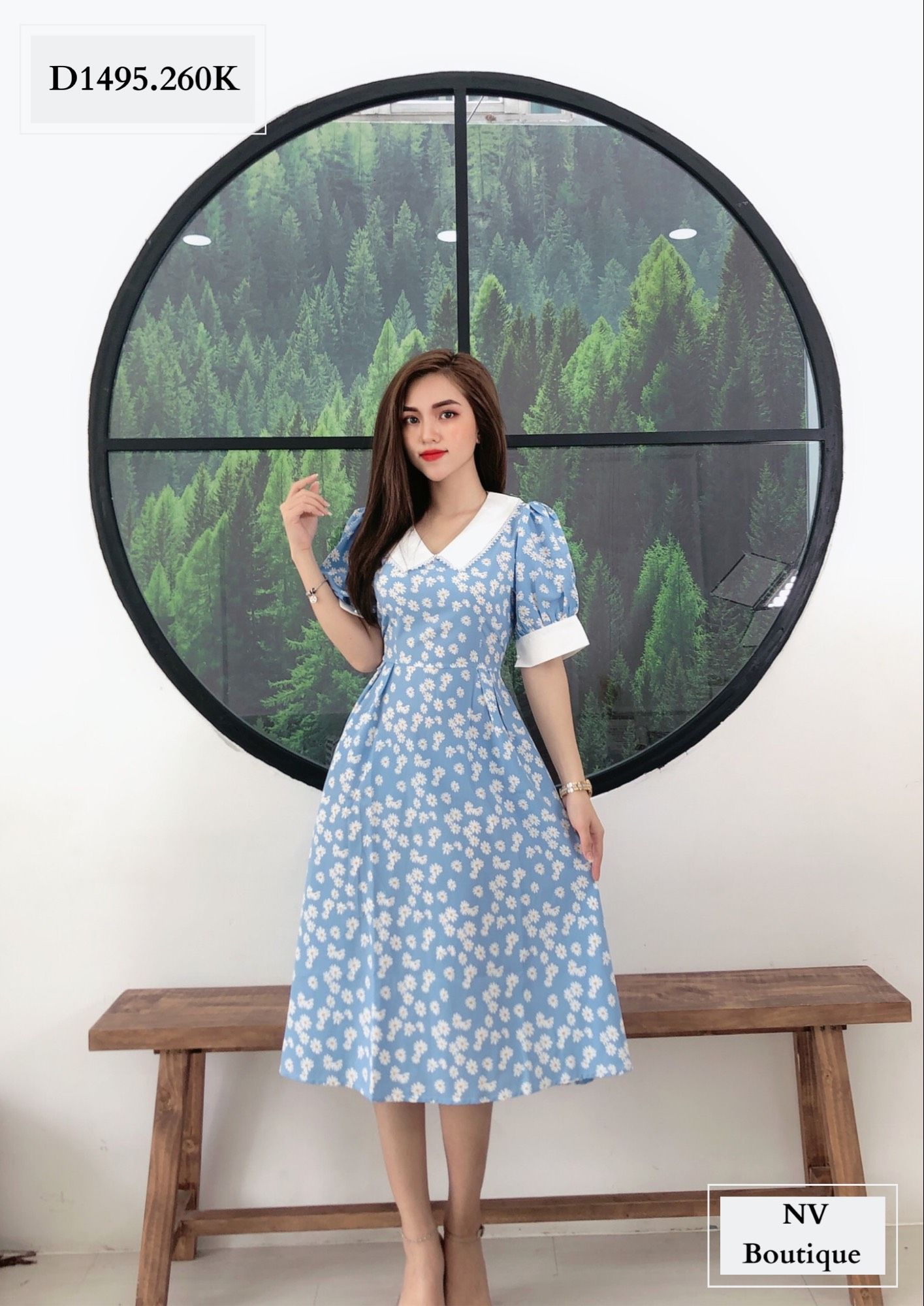 ĐẦM HOA CÚC ĐEN DÂY EO TAY CÀI NÚT - D1495