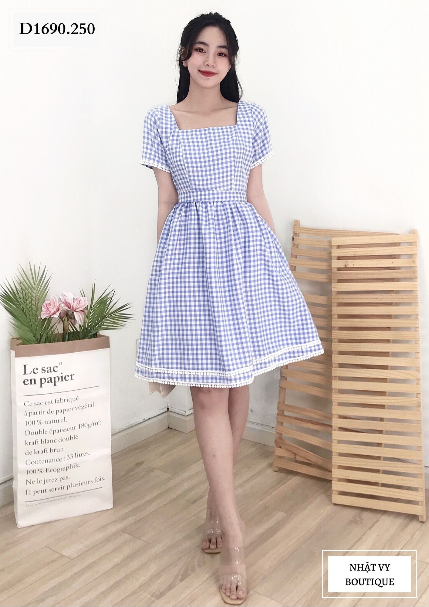 ĐẦM CARO VIỀN REN TAY KÈM DÂY - D1690
