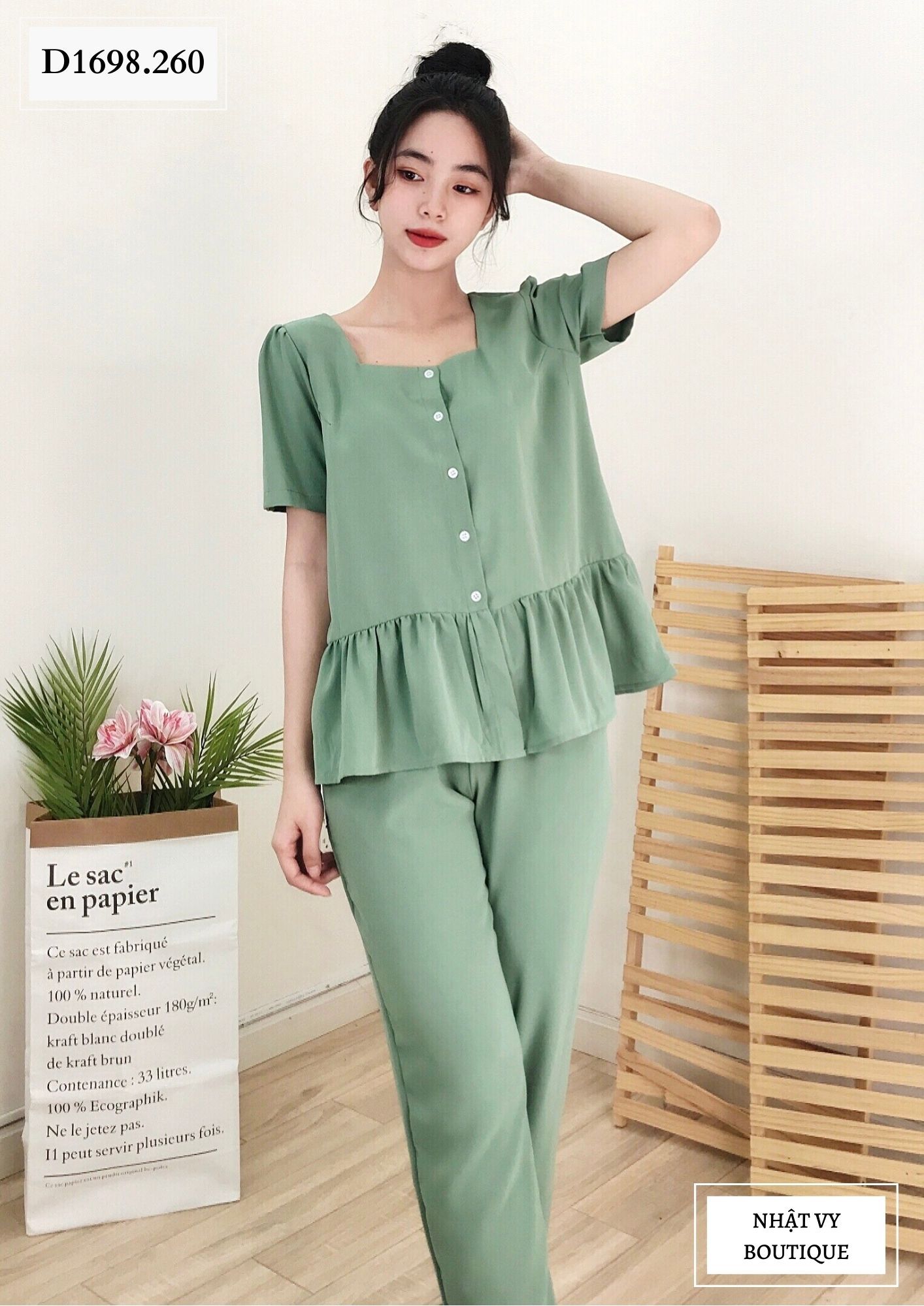 SET BỘ DÀI CỔ VUÔNG PHỐI BÈO - D1698