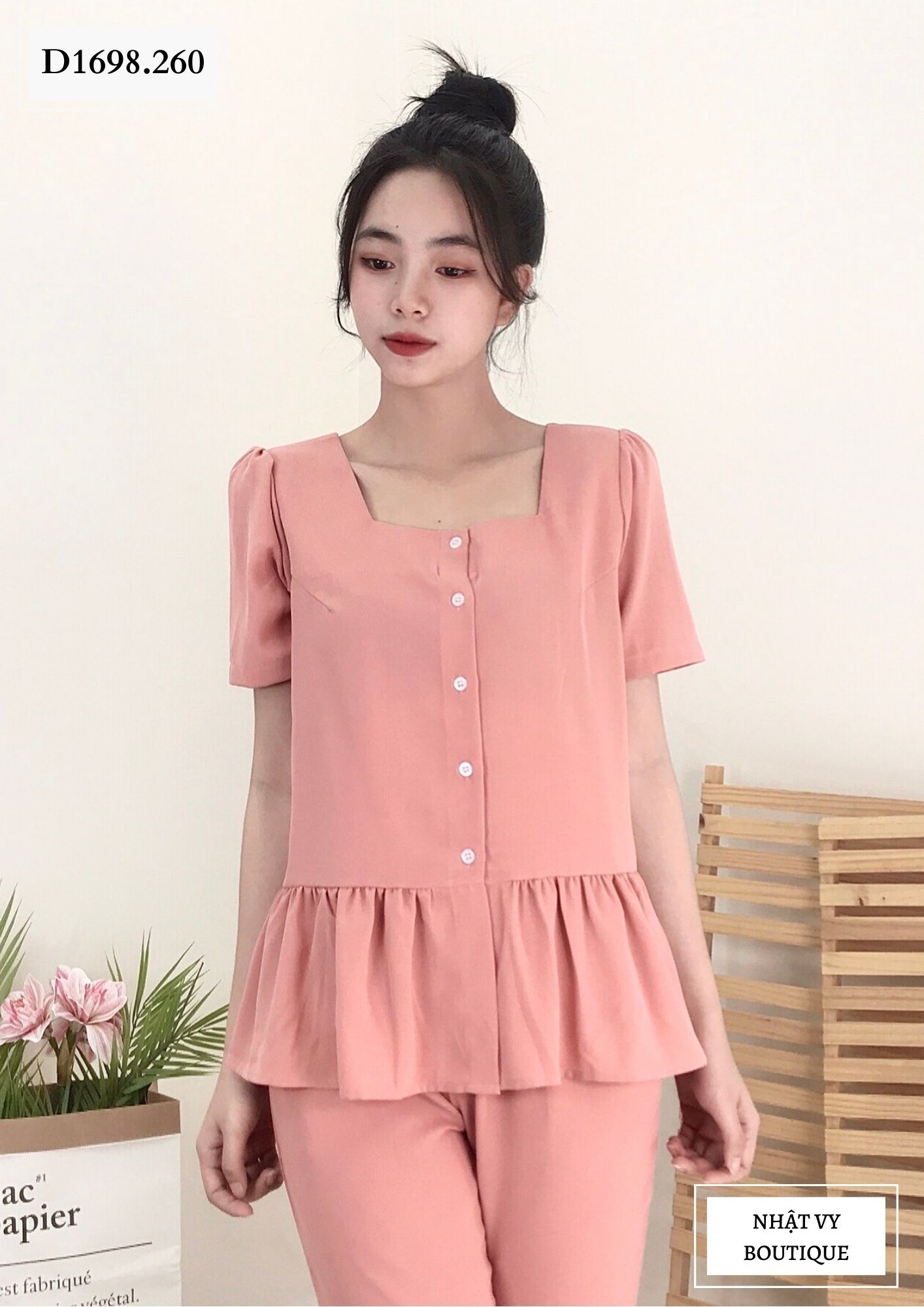 SET BỘ DÀI CỔ VUÔNG PHỐI BÈO - D1698