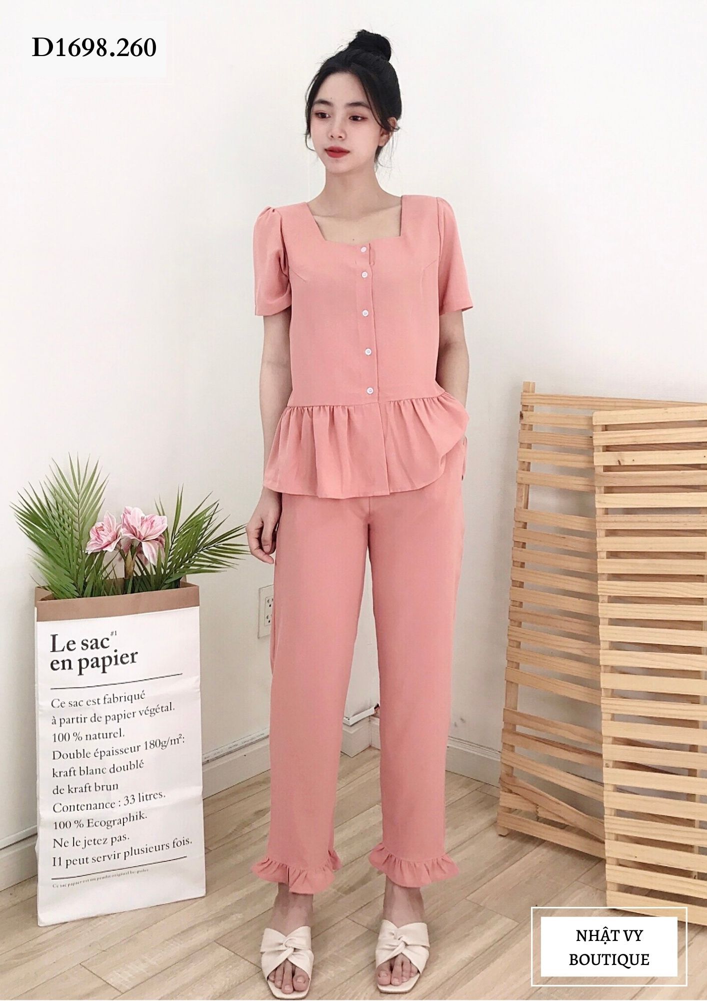 SET BỘ DÀI CỔ VUÔNG PHỐI BÈO - D1698