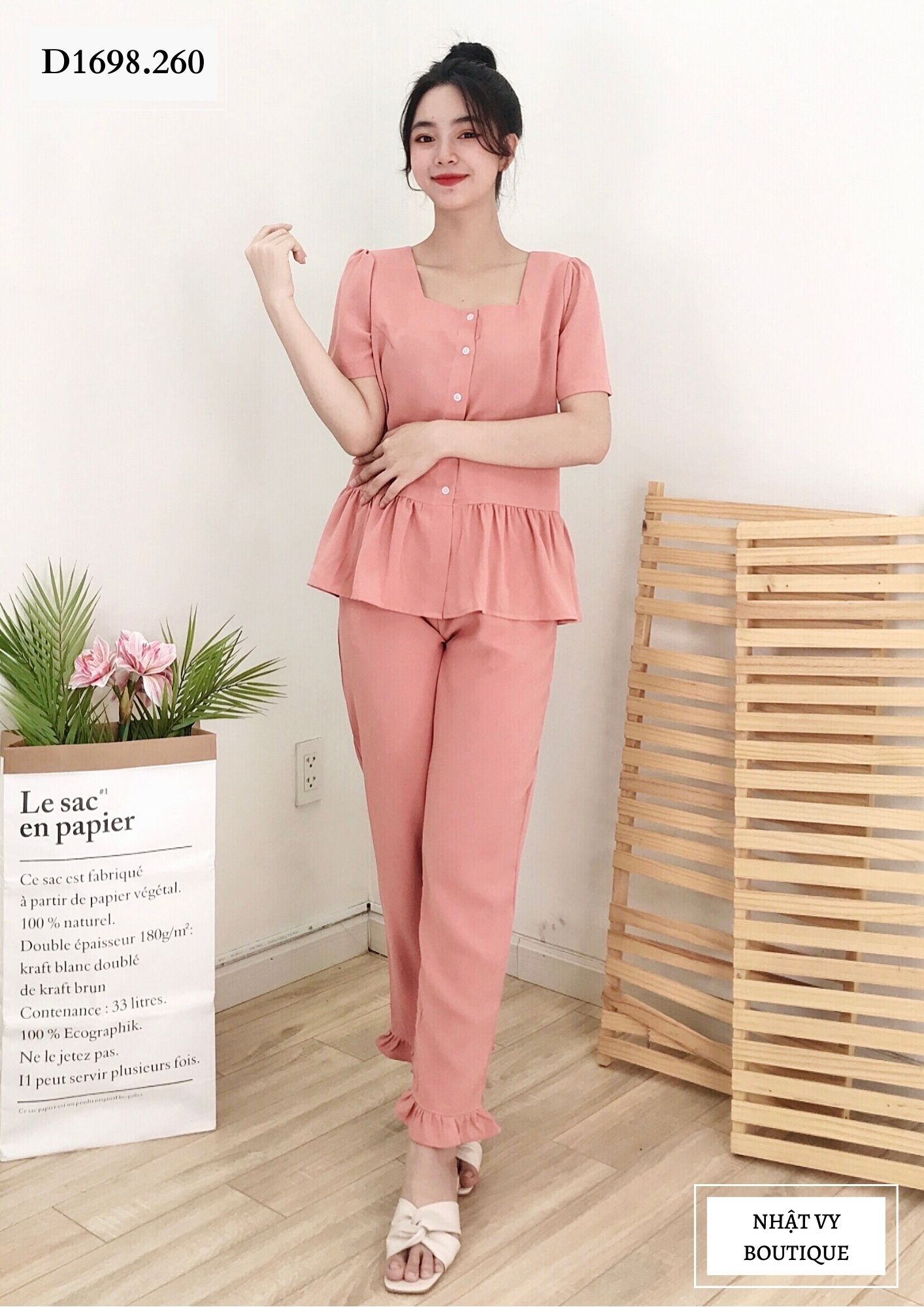 SET BỘ DÀI CỔ VUÔNG PHỐI BÈO - D1698