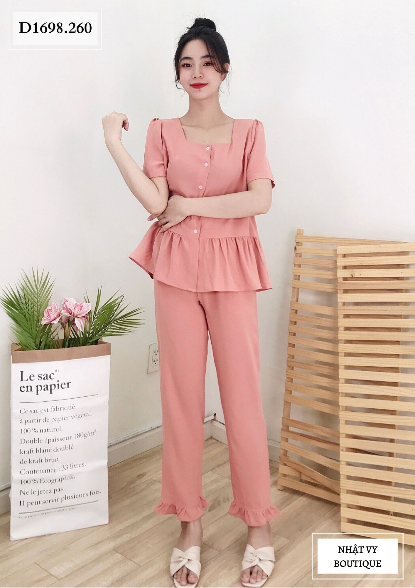 SET BỘ DÀI CỔ VUÔNG PHỐI BÈO - D1698