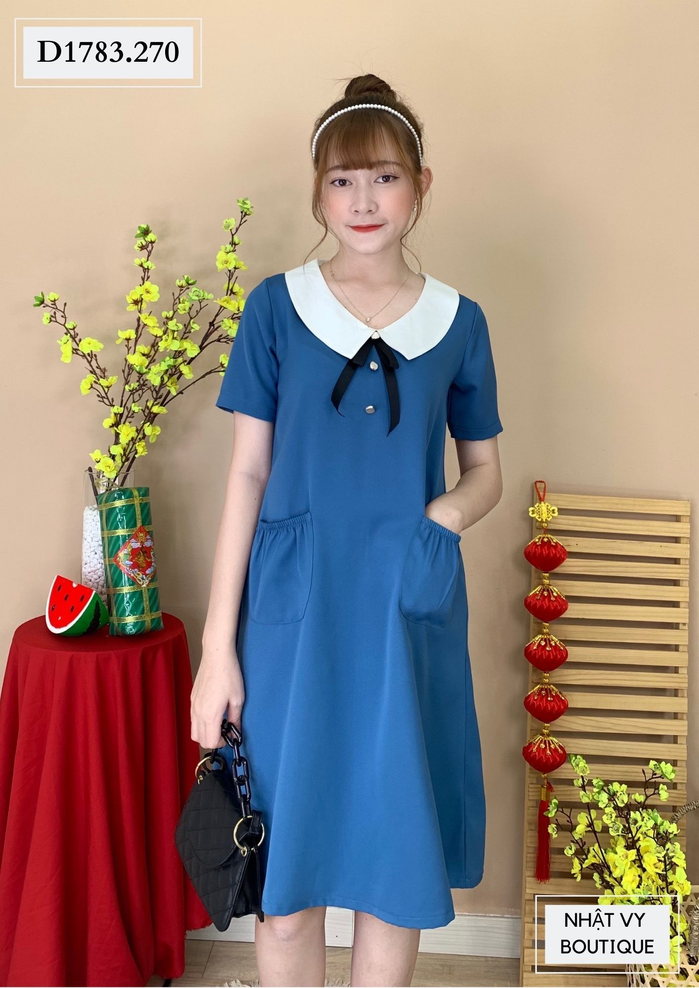 ĐẦM SUÔNG CỔ NỚ TÚI NHÚN - D1783
