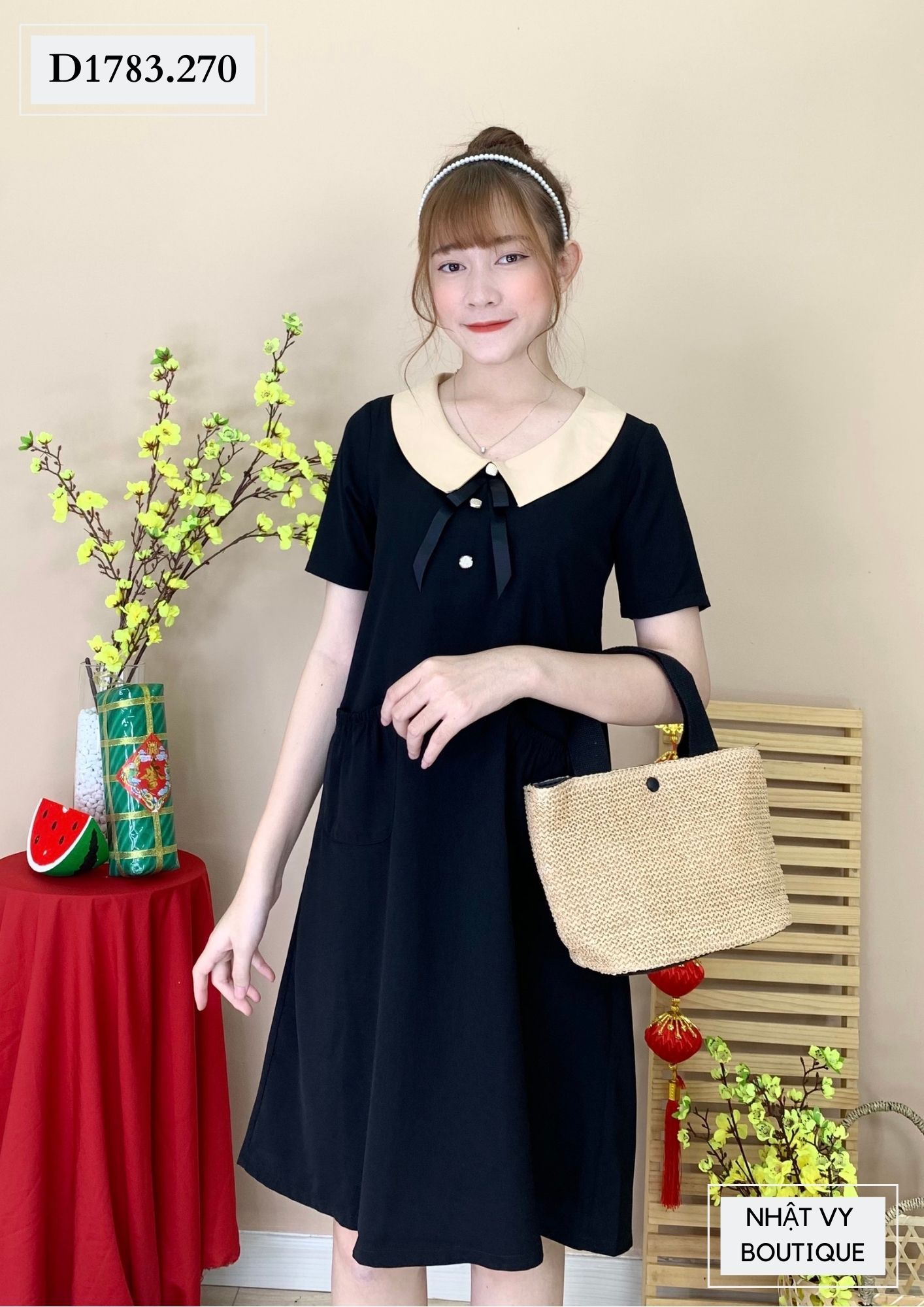 ĐẦM SUÔNG CỔ NỚ TÚI NHÚN - D1783