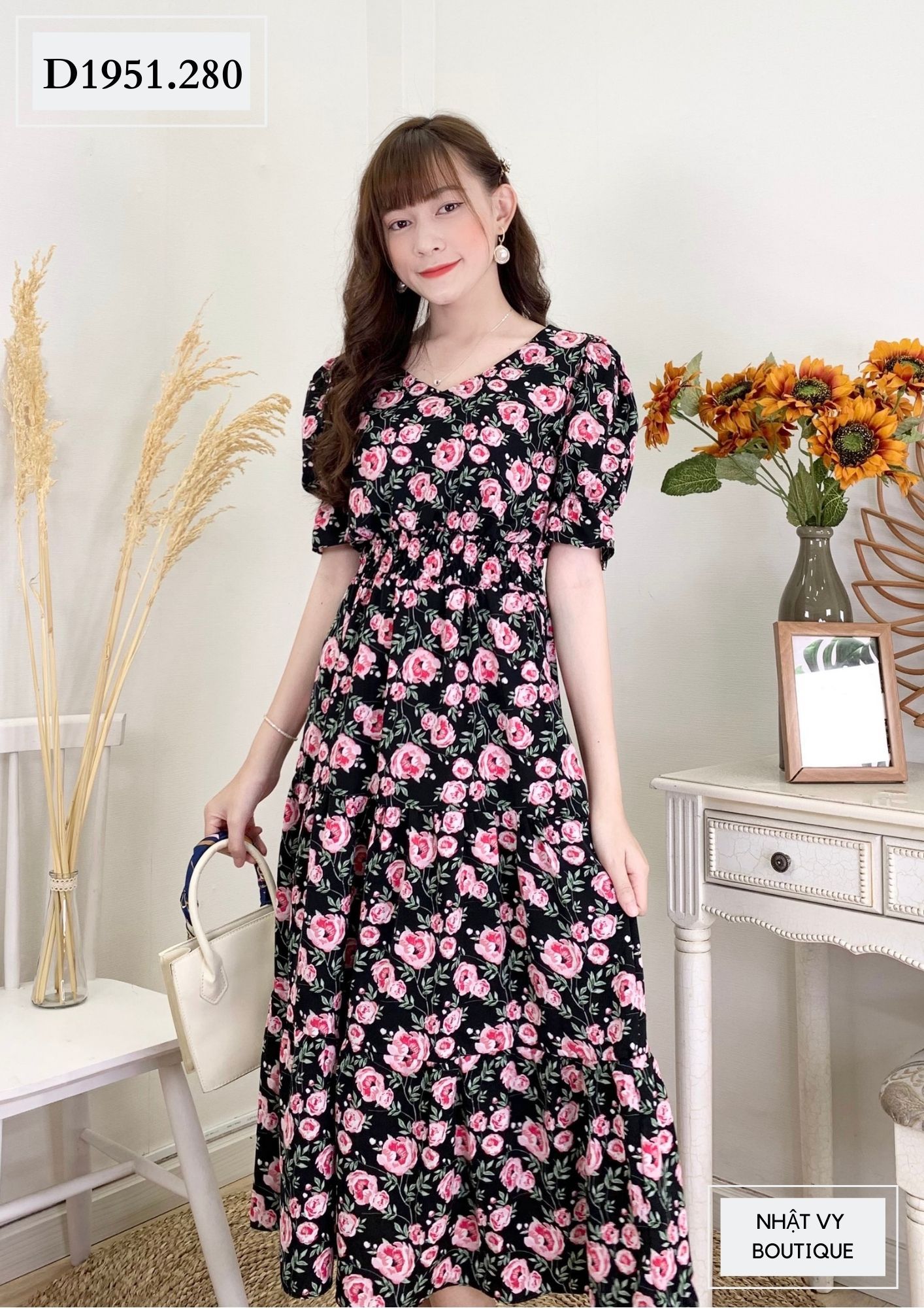 Đầm hoa tầng đuôi cá bo chun eo - D1951