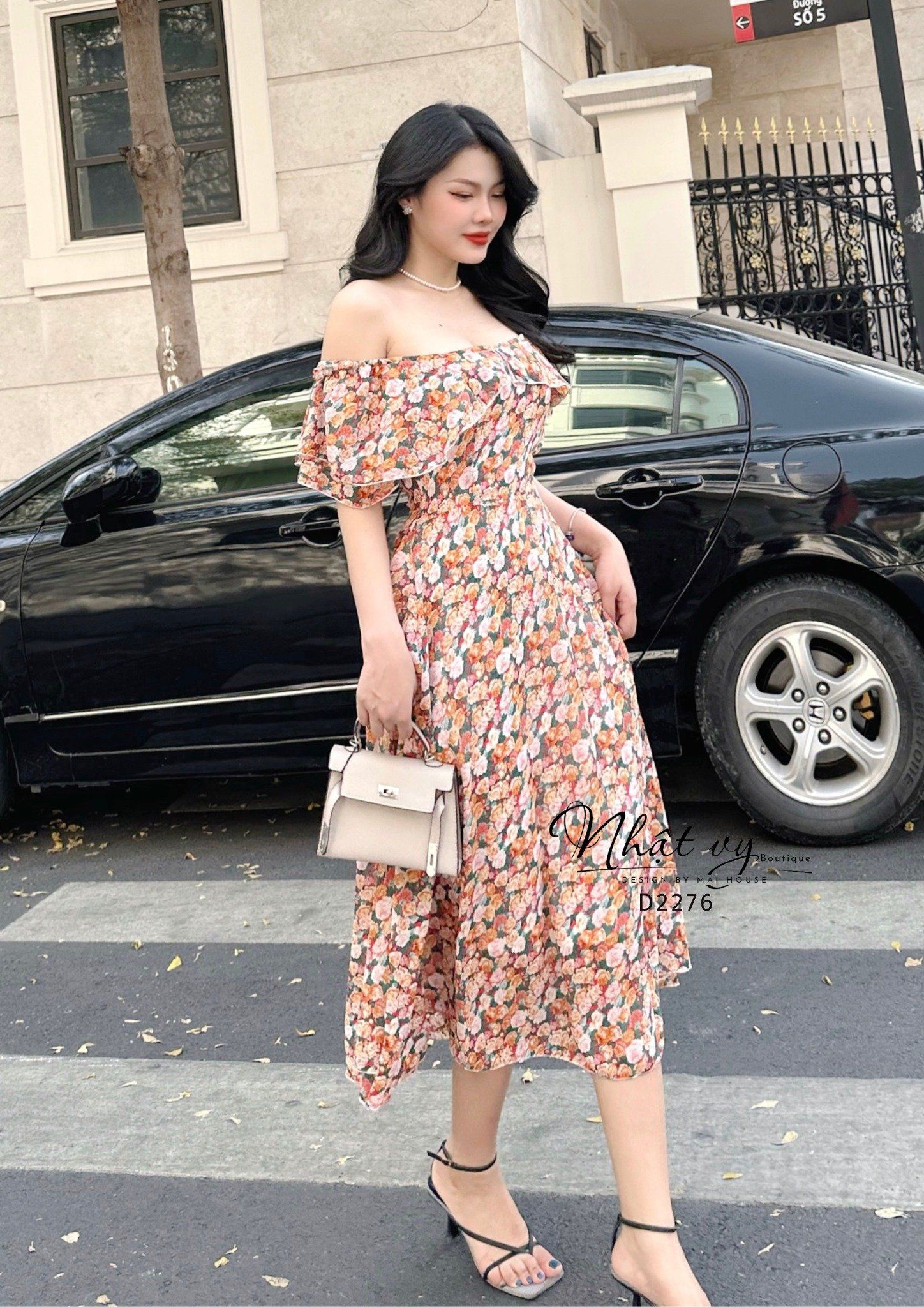 Đầm hoa dáng xòe bo thun vai ngực phối bèo kiểu - D2276