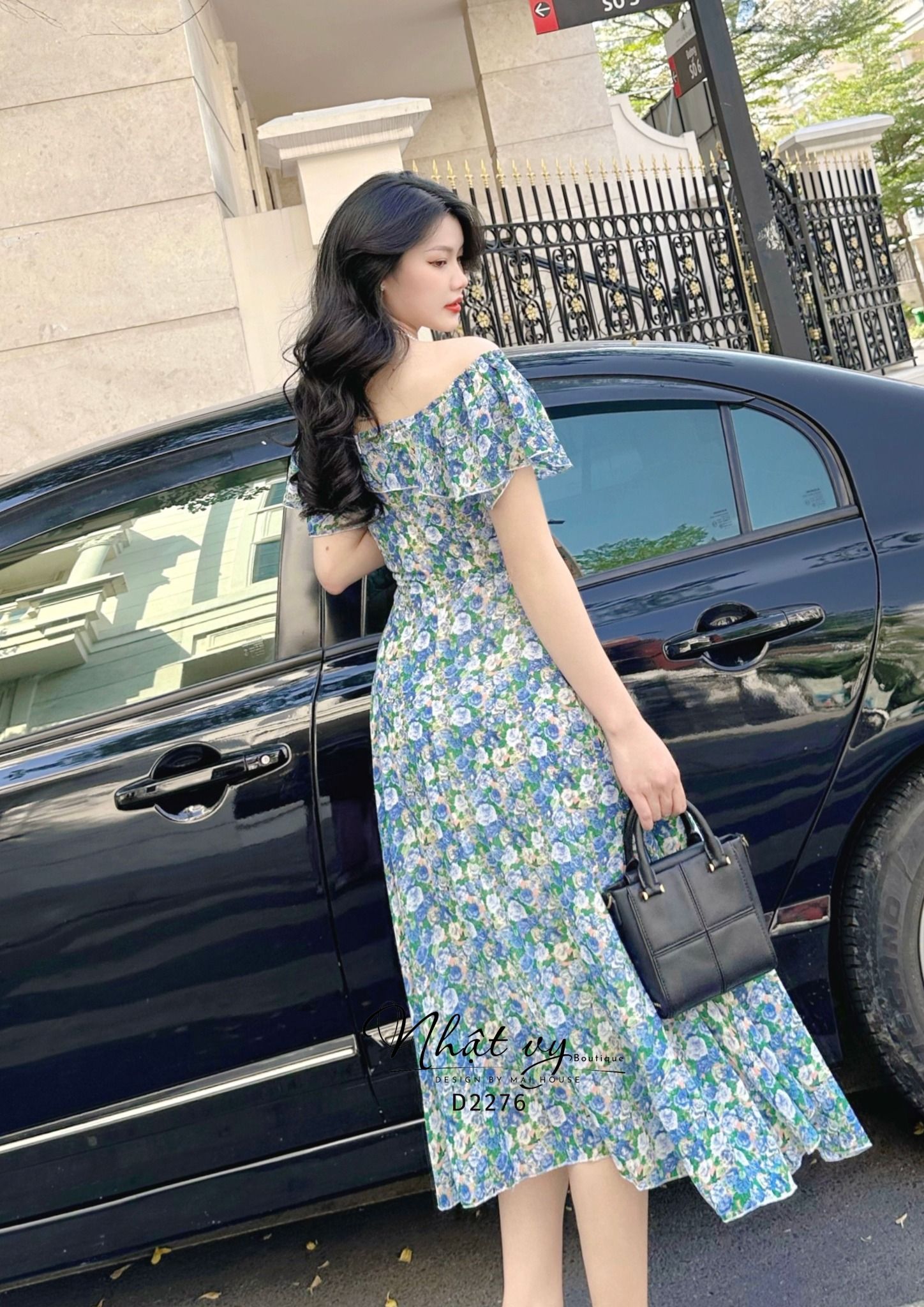 Đầm hoa dáng xòe bo thun vai ngực phối bèo kiểu - D2276