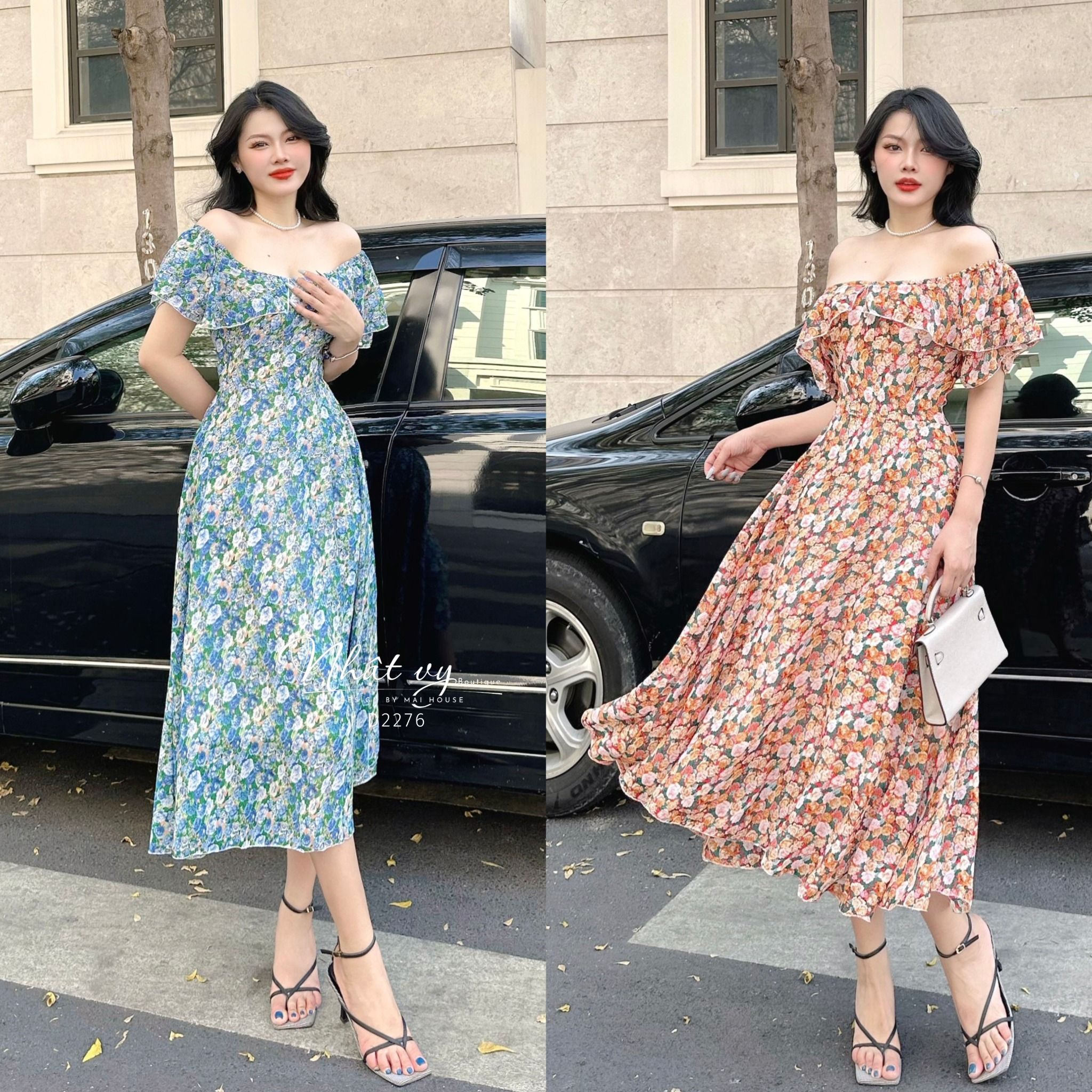 Đầm hoa dáng xòe bo thun vai ngực phối bèo kiểu - D2276